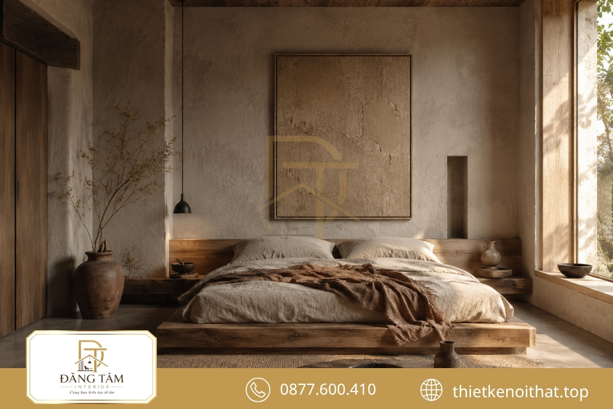 Bề mặt mộc tạo chiều sâu tự nhiên cho phòng ngủ Wabi Sabi 12m2