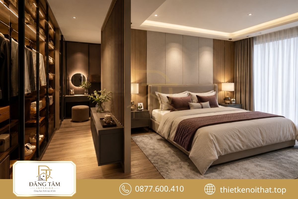 Không gian 20m2 phân chia khu ngủ và thay đồ rõ ràng
