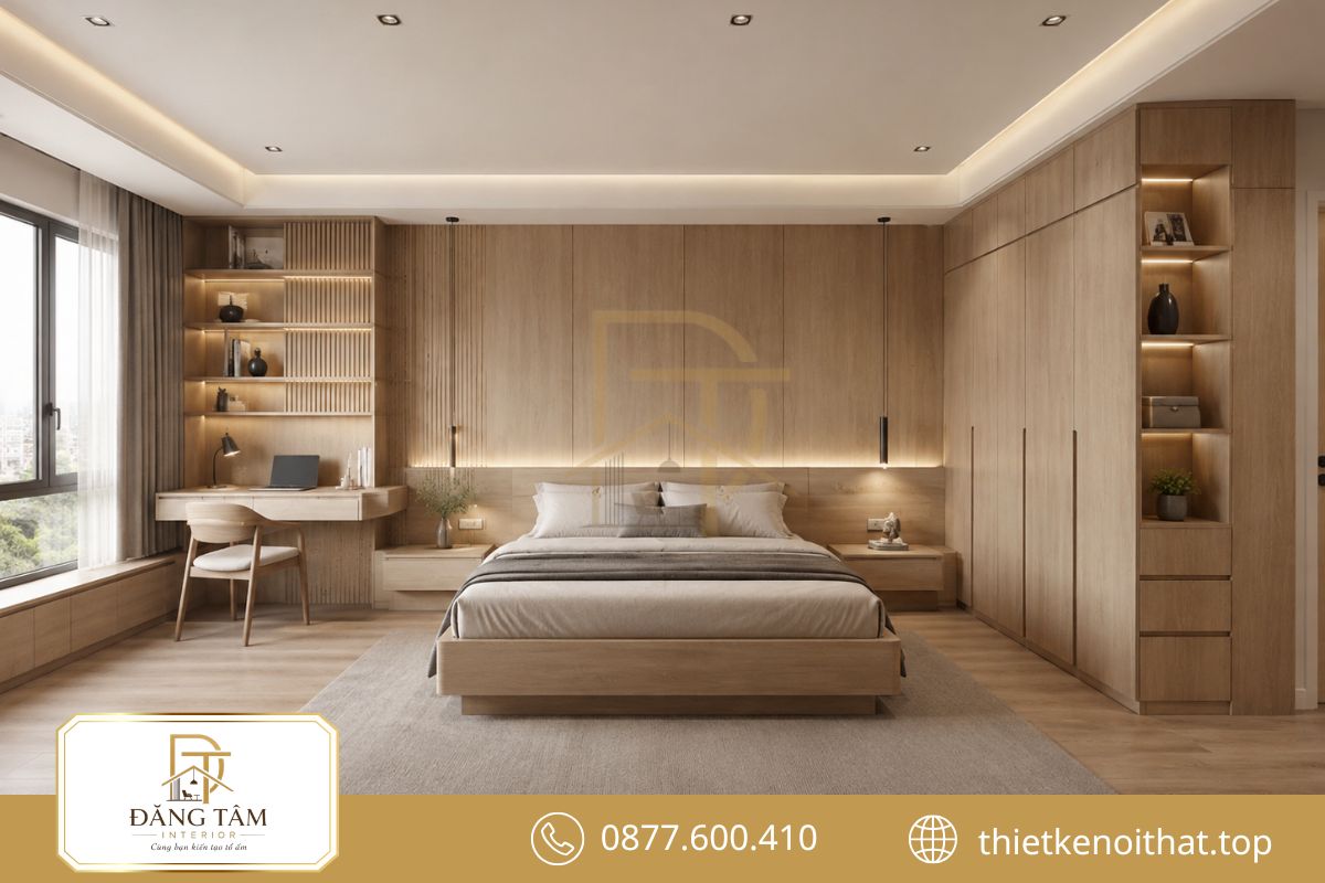 Hệ nội thất gỗ công nghiệp liền khối giữ phòng ngủ gọn và đồng nhất