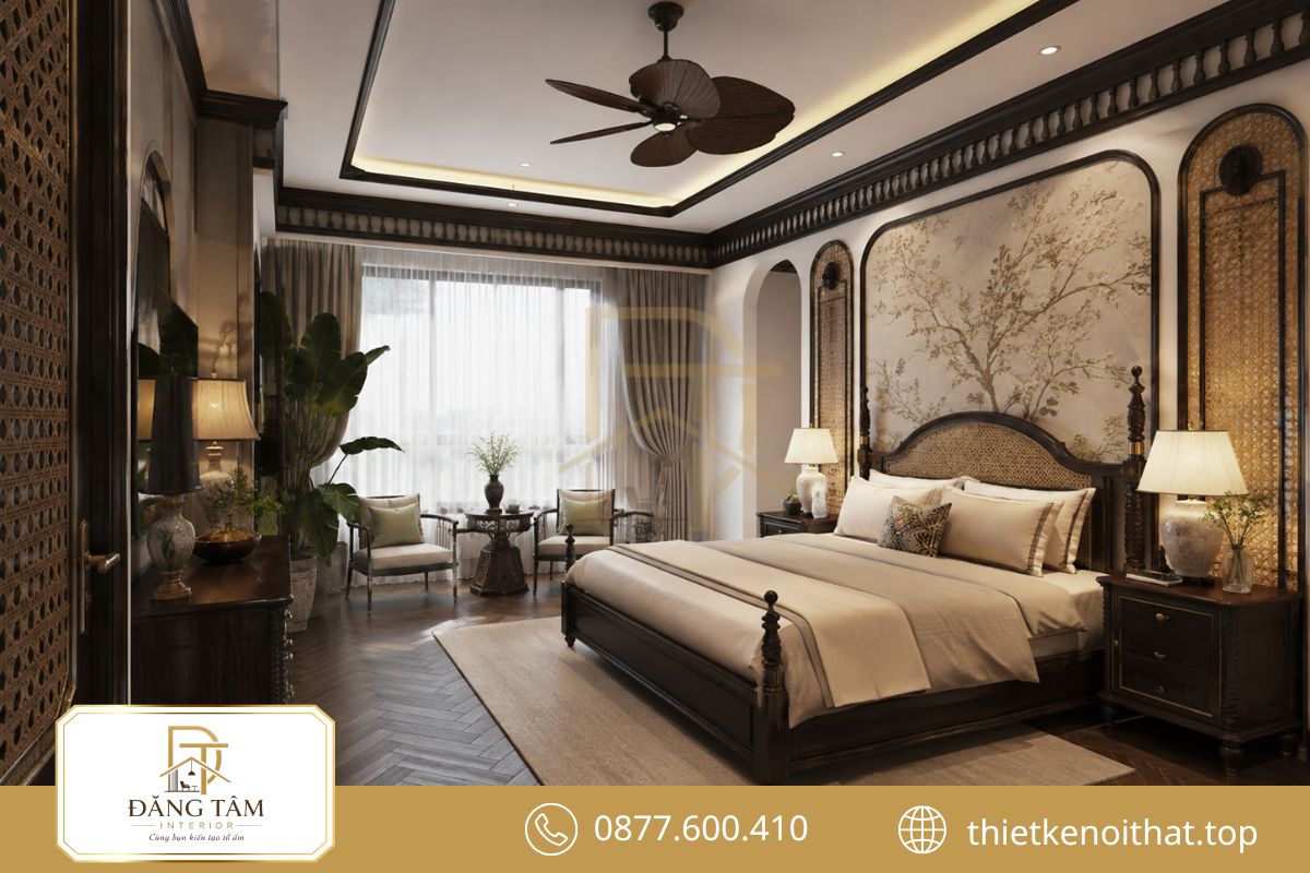 Họa tiết Á Đông kết hợp gỗ tối tạo chiều sâu cho phòng ngủ Indochine