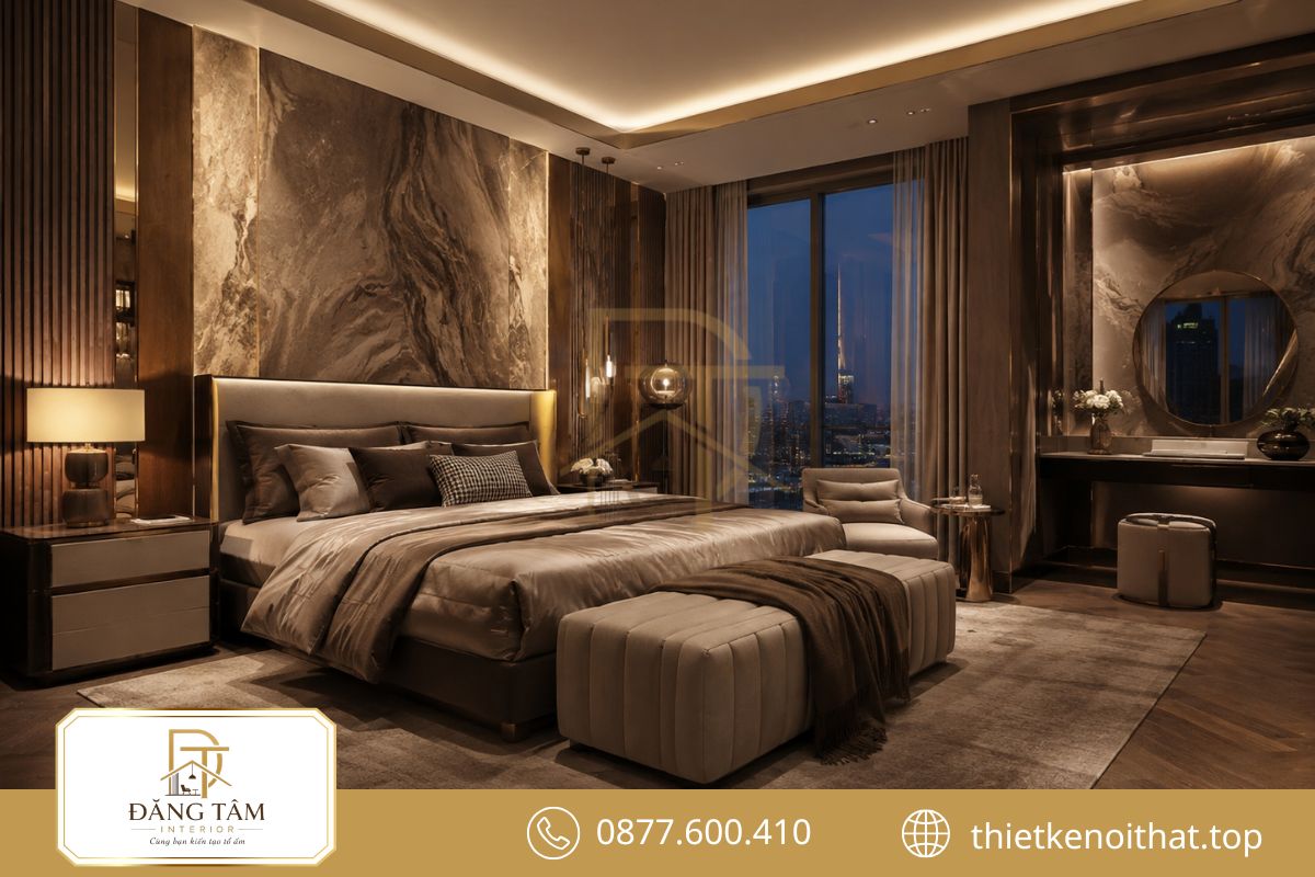 Chất liệu cao cấp và ánh sáng nhiều lớp tạo chiều sâu phong cách Luxury