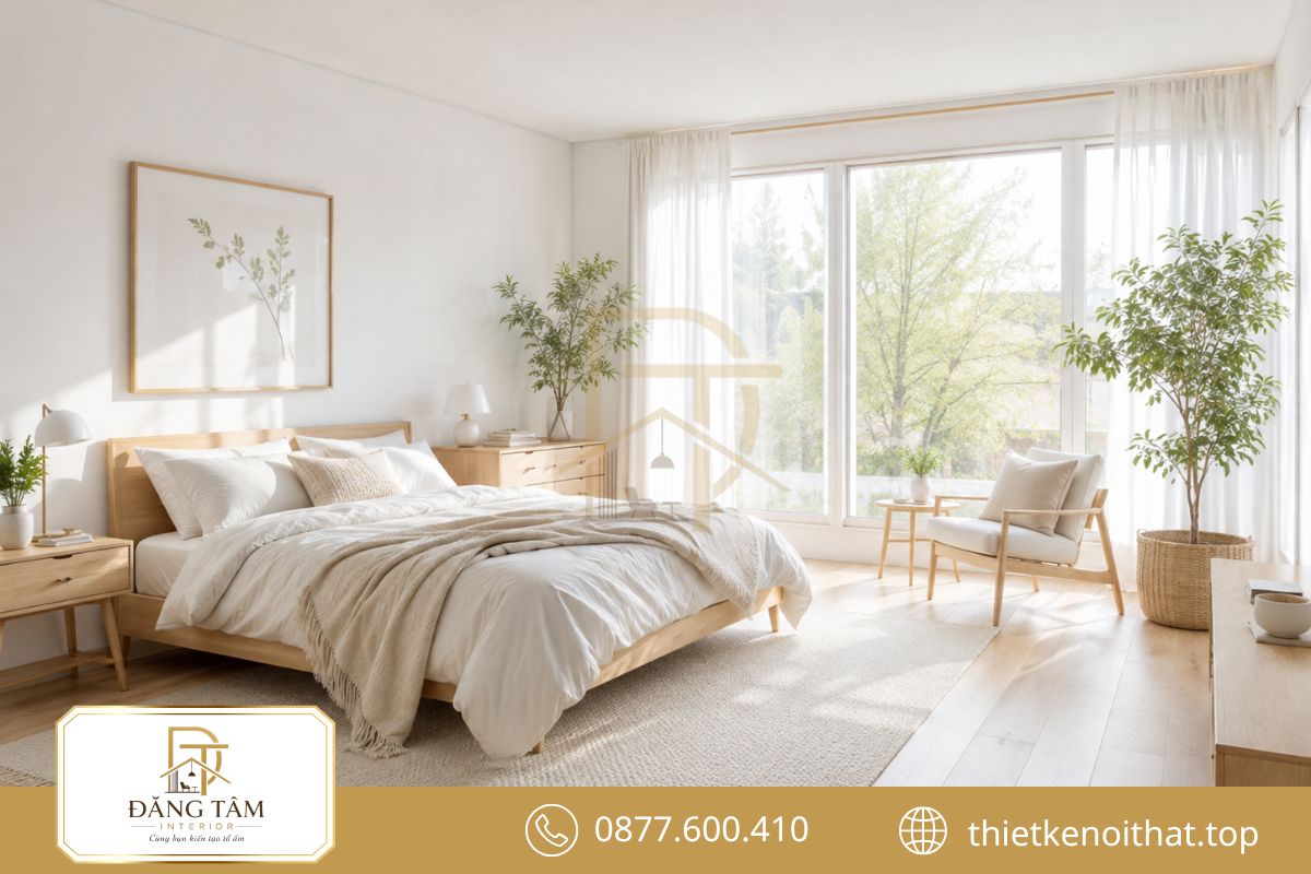 Ánh sáng tự nhiên lan rộng trên nền gỗ sáng đặc trưng phong cách Scandinavian