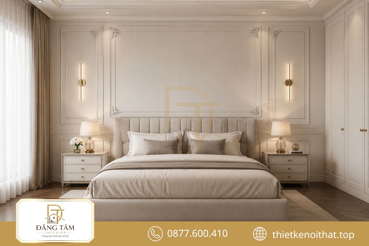 Đường phào thanh mảnh tạo nét sang trọng vừa đủ cho phòng ngủ Tân cổ điển