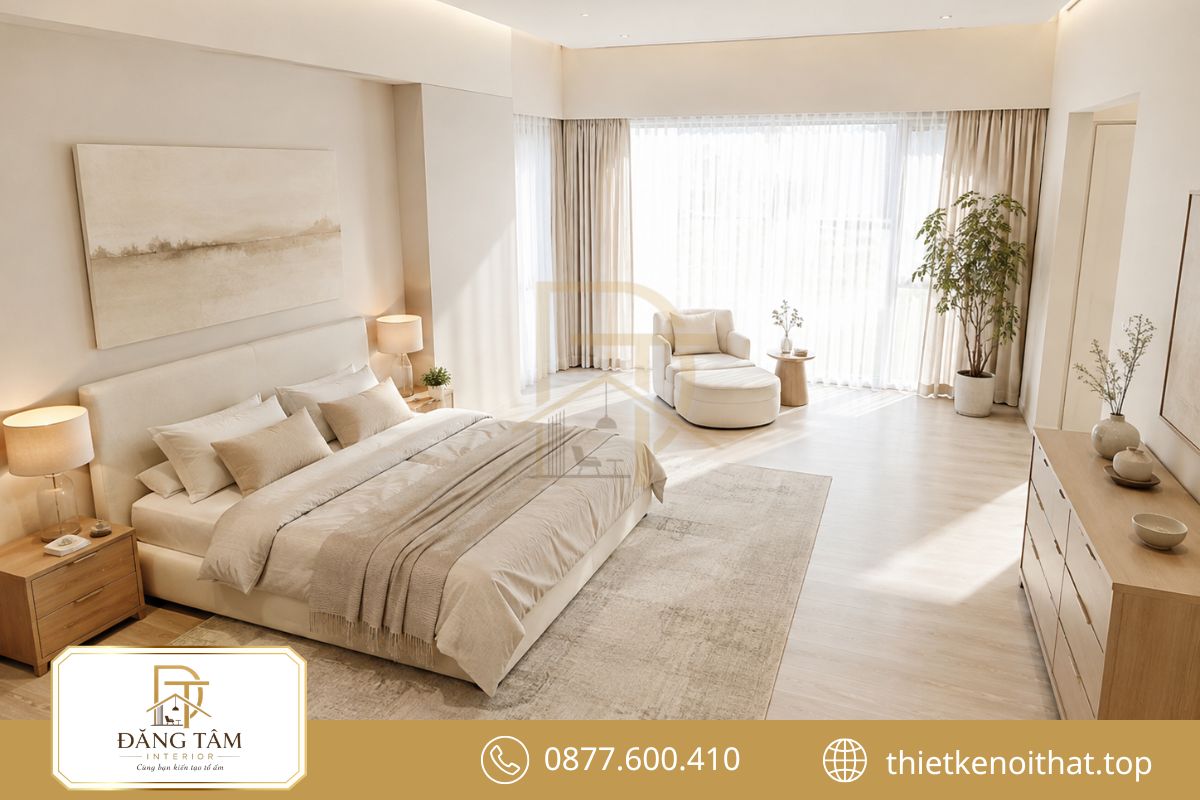 Bảng màu sáng giúp phòng ngủ 30m2 thanh thoát và giàu ánh sáng