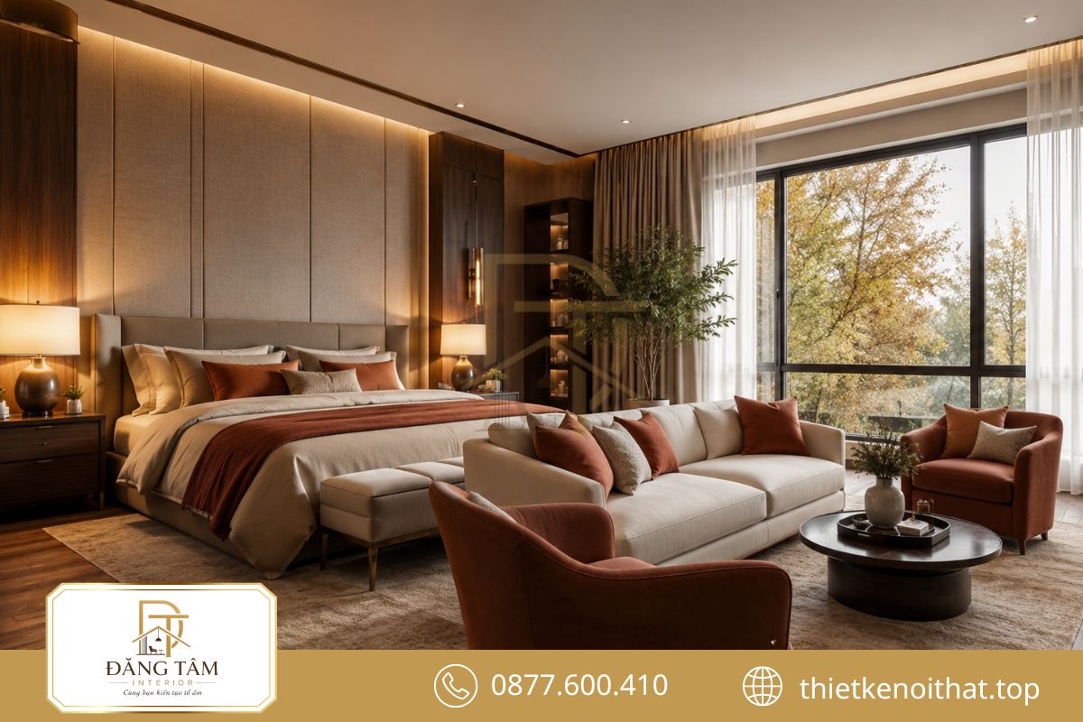 Sofa nhỏ hình thành góc thư giãn riêng mà không làm phòng trở nên nặng