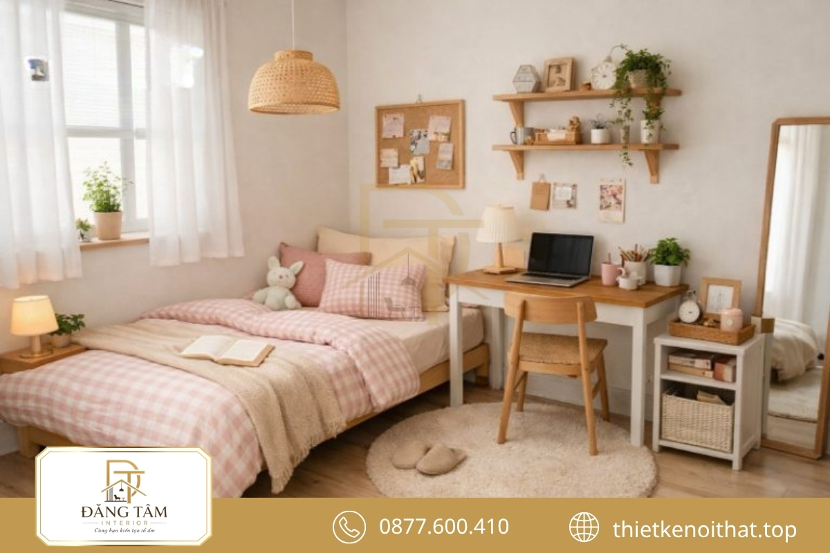 Phòng ngủ Hàn Quốc nhẹ nhàng với giường thấp và gam màu kem