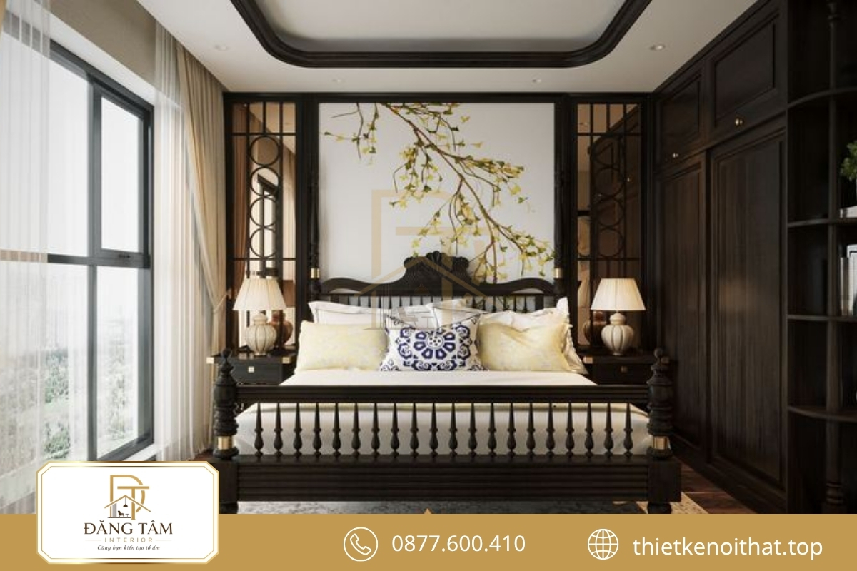 Phòng ngủ Indochine tinh tế với gỗ trầm và họa tiết Á Đông