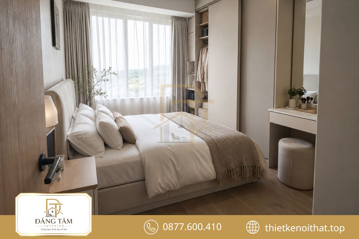 Phòng ngủ 15m2 bổ sung góc làm việc và ghế thư giãn tiện lợi 