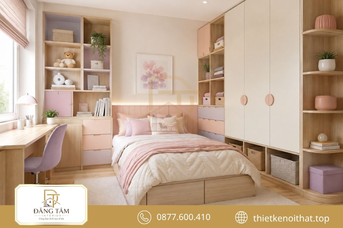 Khu lưu trữ linh hoạt giúp phòng bé gái luôn gọn gàng và sáng thoáng