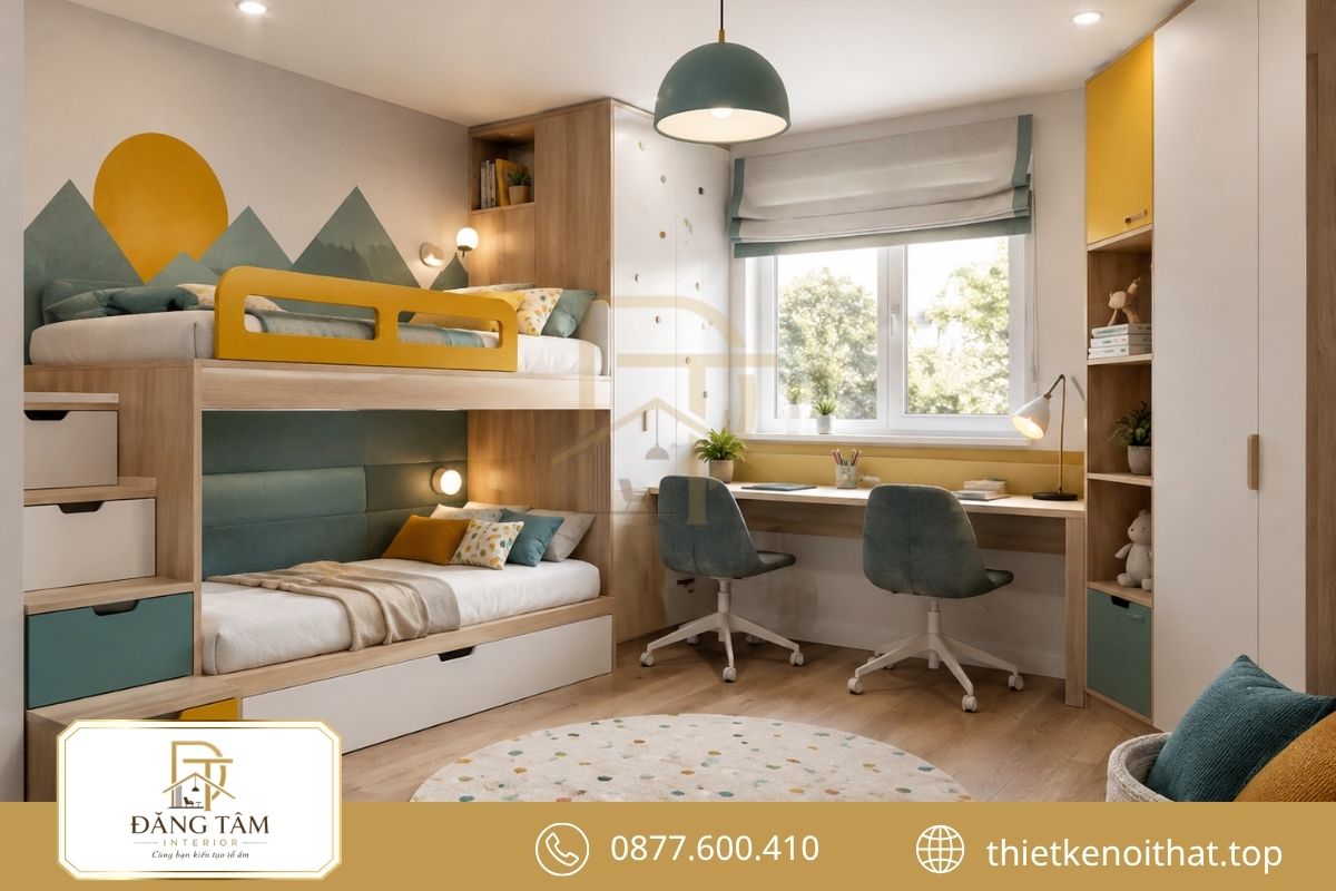 Giường tầng hoặc giường kéo mở thêm khoảng trống cho hai bé
