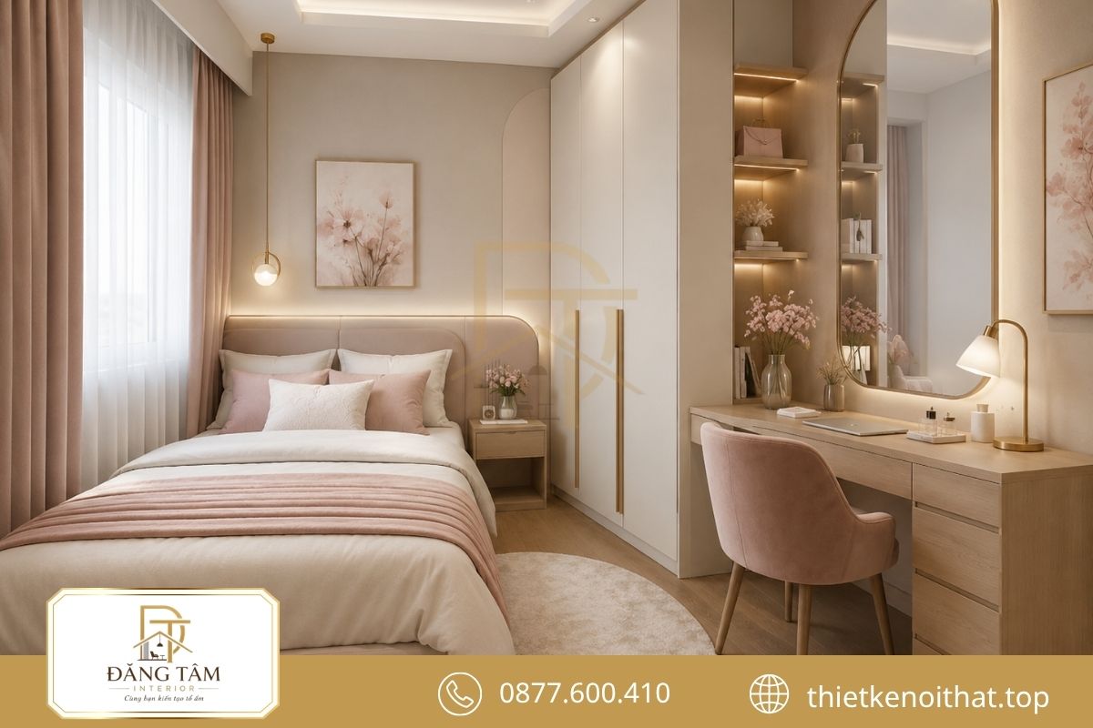 Bàn trang điểm tích hợp mang lại góc sử dụng tiện lợi và thanh thoát