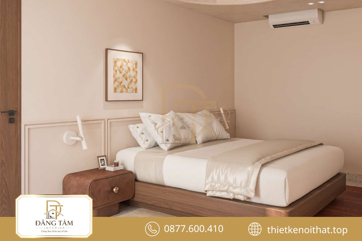 Nội thất liền mạch giúp phòng ngủ chung cư nữ gọn gàng và tiện nghi