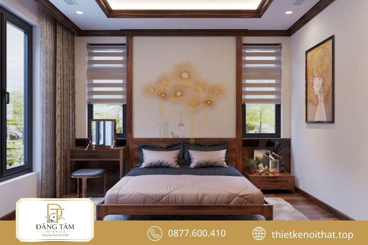 Phòng ngủ ông bà ấm cúng với lối đi rộng và nội thất an toàn 