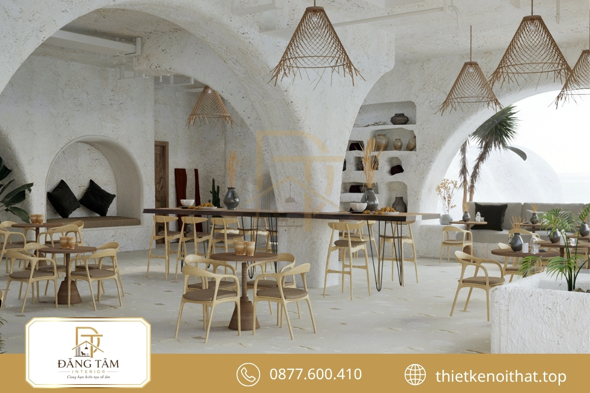 Quán cafe Bohemian gây ấn tượng qua ánh sáng ấm và chất liệu tự nhiên