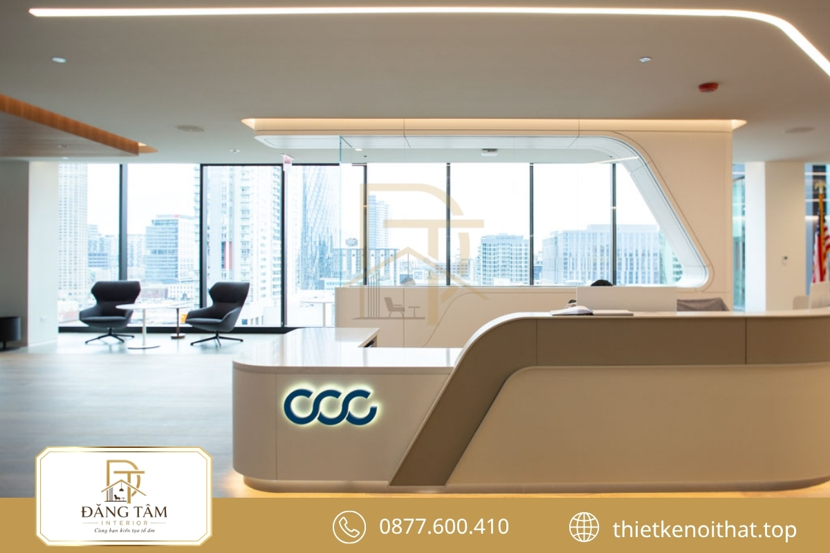 Quầy lễ tân tích hợp đèn LED làm nổi bật logo thương hiệu