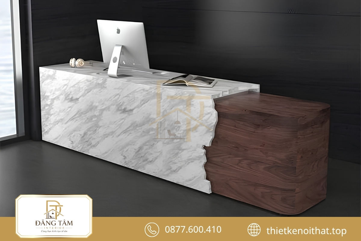 Quầy lễ tân kết hợp đá và gỗ tạo vẻ sang trọng