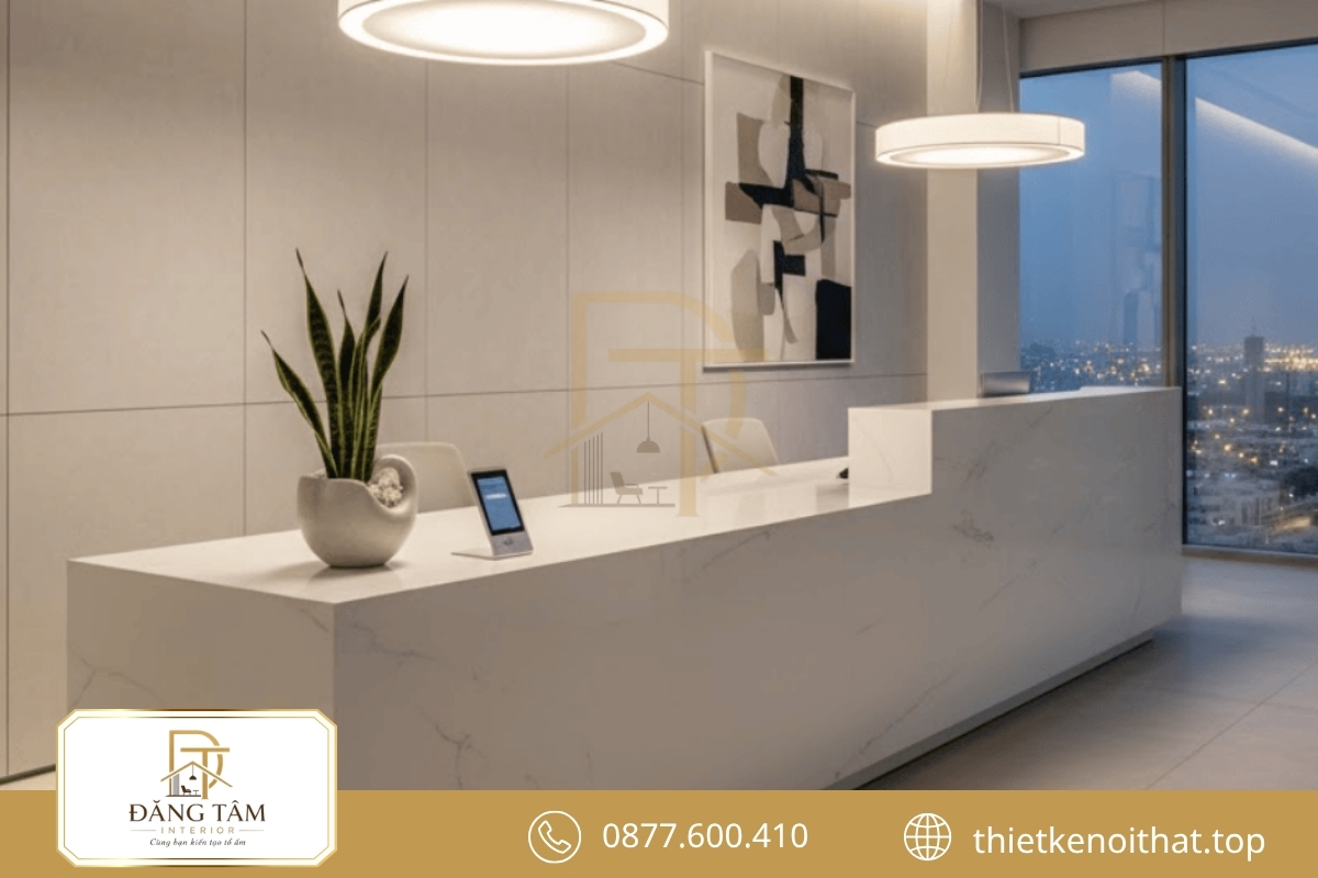Quầy lễ tân tối giản sử dụng màu trung tính và đường nét gọn