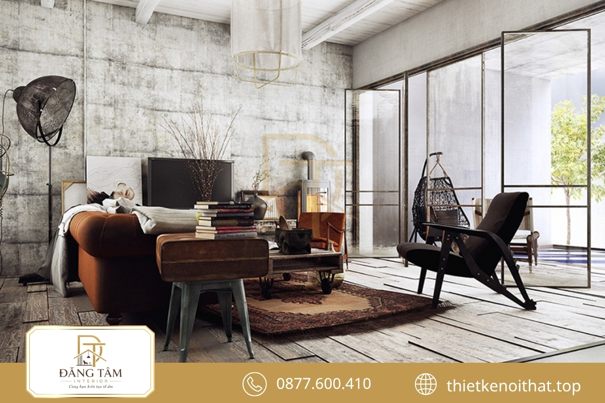 Retro pha Industrial tạo chiều sâu bằng vật liệu thô và màu sắc ấm