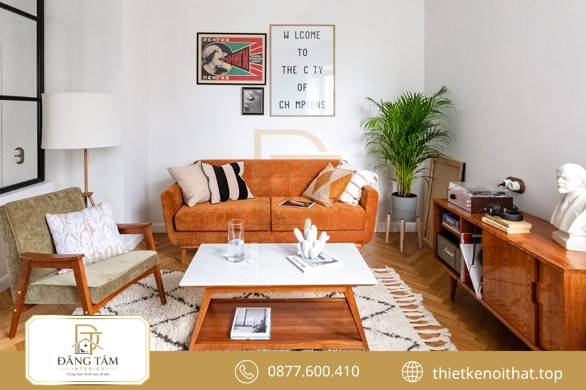 Retro và Mid-Century hòa quyện qua gỗ ấm, đường cong và sắc trầm