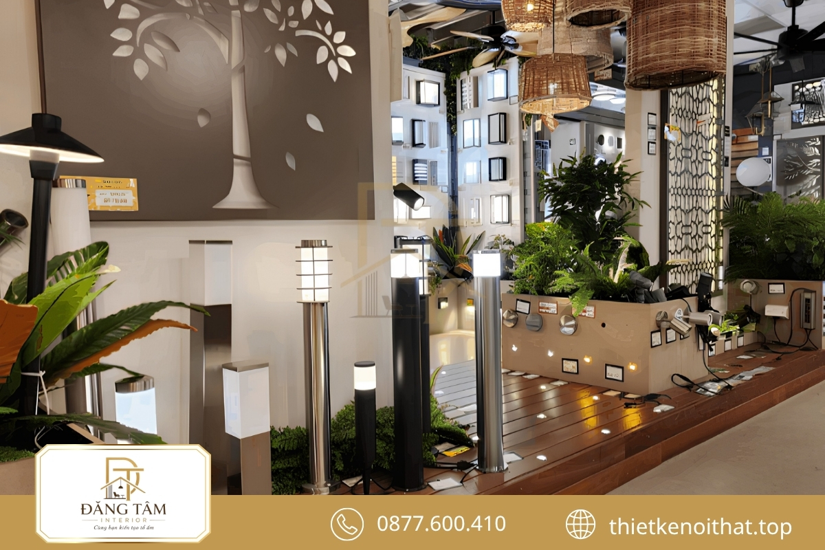 Không gian xanh kết hợp thiết kế showroom đèn trang trí tạo cảm giác thư giãn