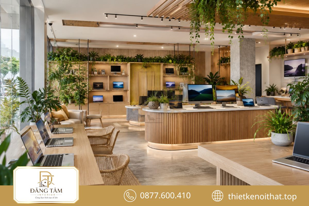 Cây xanh và vật liệu tự nhiên giúp showroom công nghệ trở nên gần gũi