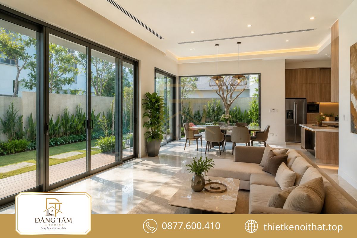 Cửa kính rộng đưa ánh sáng tự nhiên lan sâu vào không gian bên trong