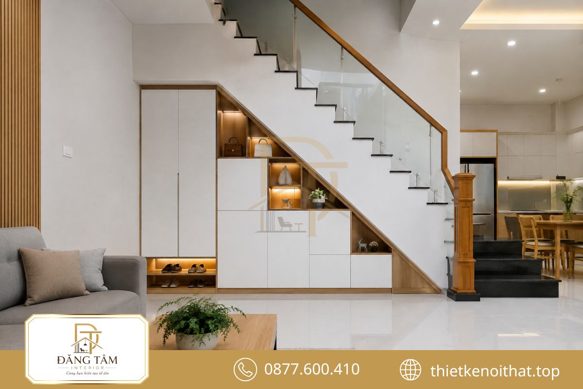 Gầm cầu thang trở thành khu lưu trữ gọn gàng cho nhiều vật dụng