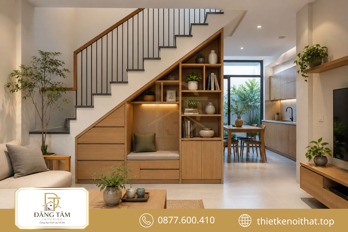 Gầm cầu thang trở thành hệ lưu trữ gọn gàng và dễ tiếp cận