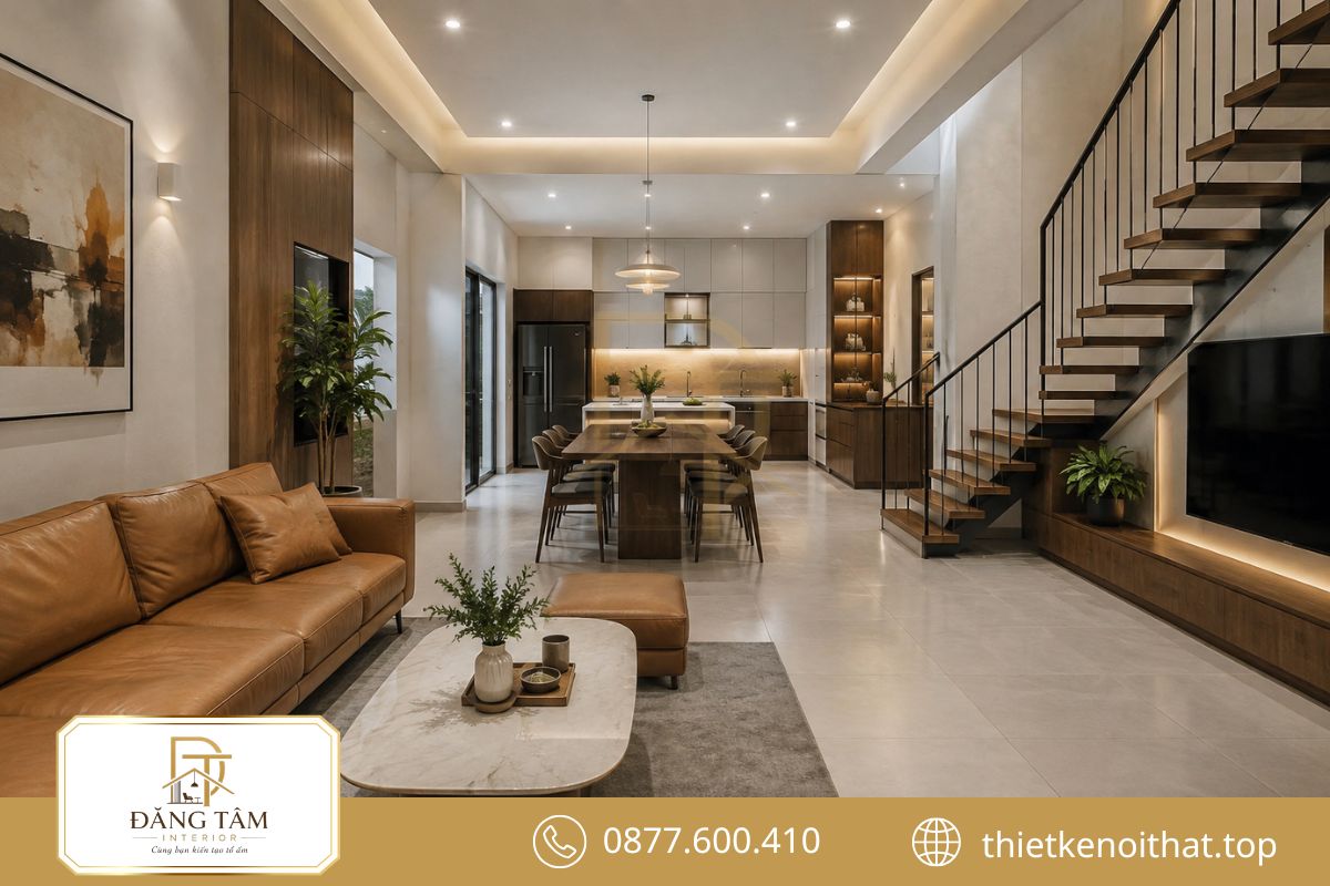 Tầng một kết nối phòng khách bếp ăn thành không gian sinh hoạt thuận tiện