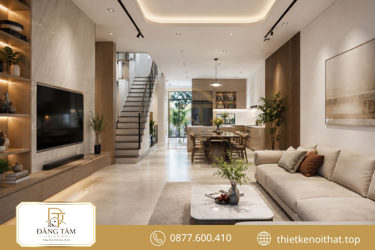 Phòng khách và bếp liên thông giúp tầng một thêm rộng thoáng