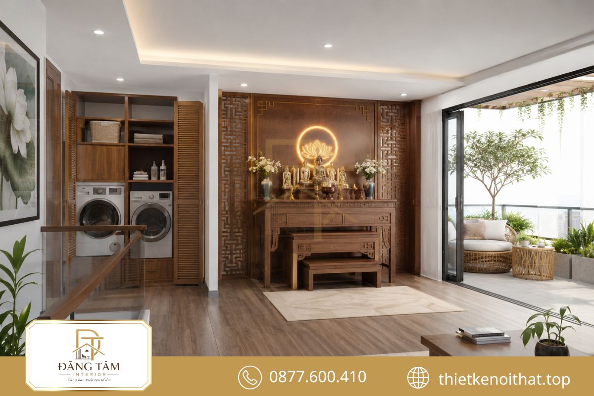 Tầng ba kết hợp phòng thờ, giặt phơi và sân thư giãn