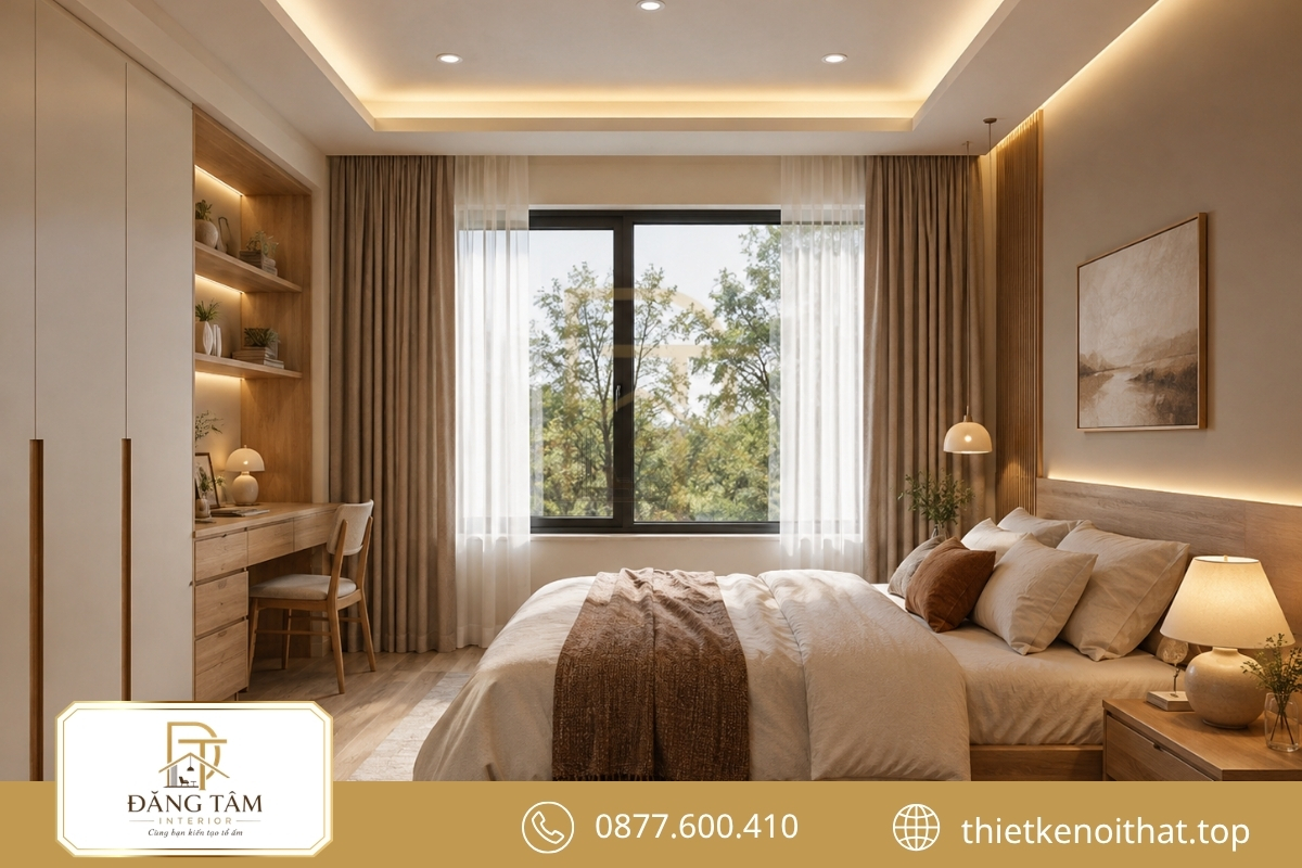 Nhiều lớp ánh sáng tạo chiều sâu và cảm giác thư giãn cho phòng ngủ