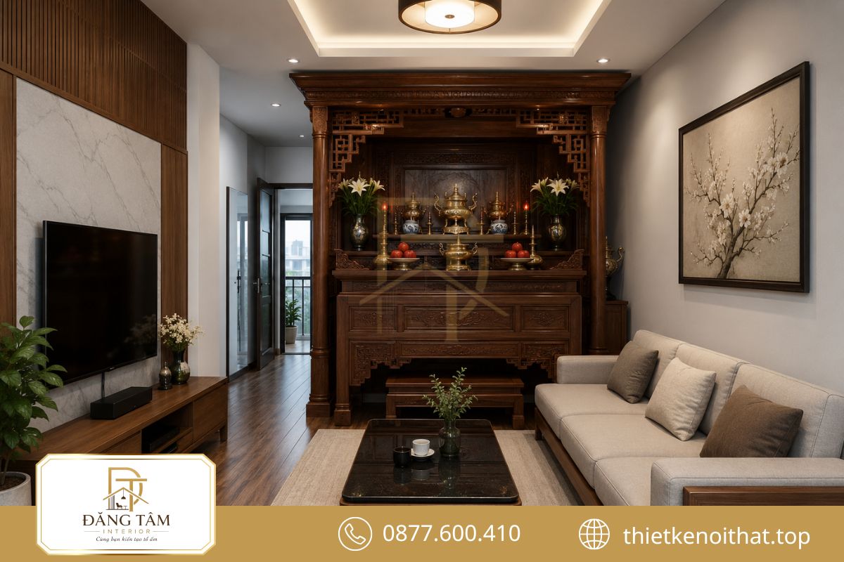 Kích thước bàn thờ cân đối giúp phòng khách giữ tỷ lệ hài hòa