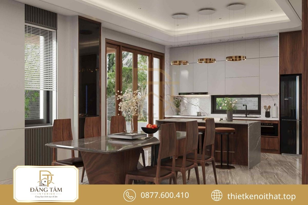 Bếp và bàn ăn liên thông tạo không gian sinh hoạt thuận tiện 