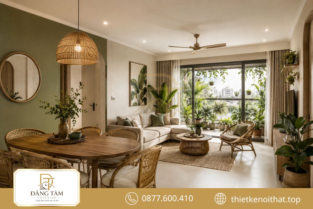Căn hộ Tropical tinh gọn với sắc beige, gỗ sáng và cây xanh