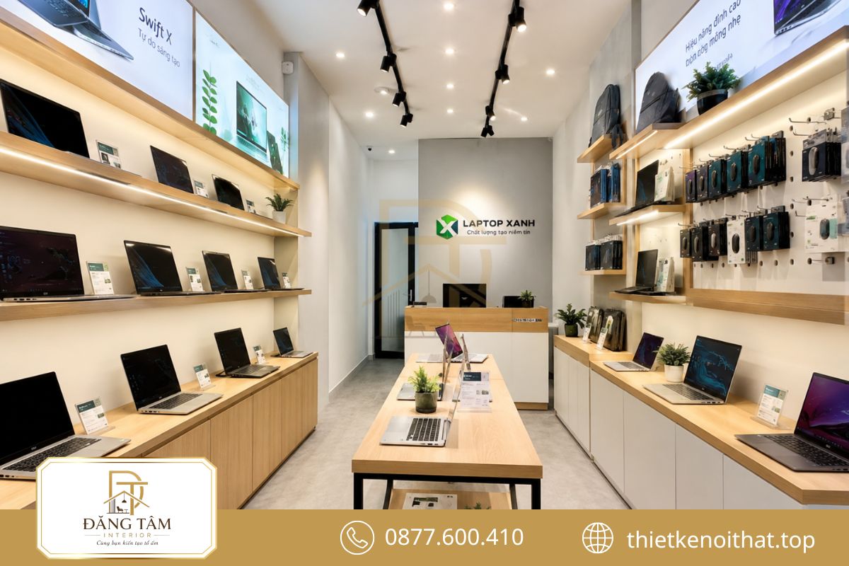 Không gian nhỏ vẫn thông thoáng nhờ quầy kệ gọn và cách bố trí hợp lý