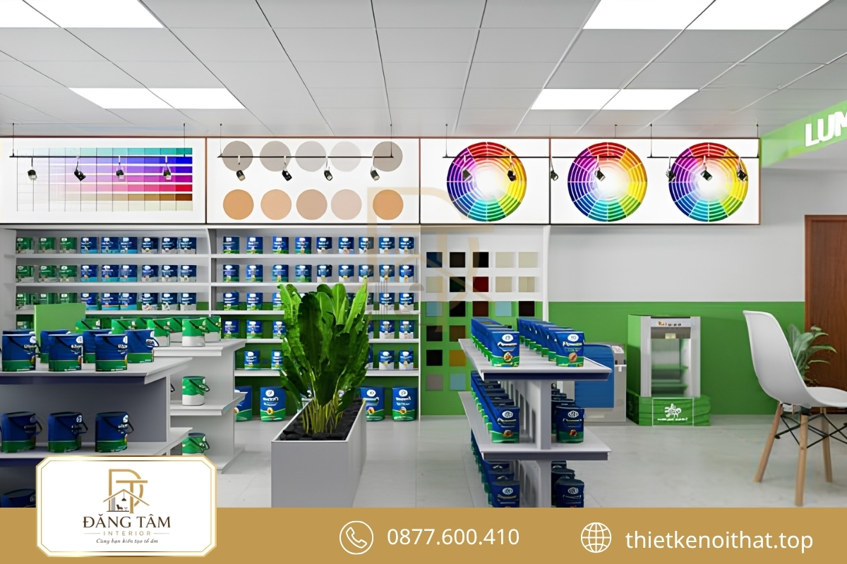 Mảng xanh giúp thiết kế shop sơn trở nên sinh động và gần gũi hơn