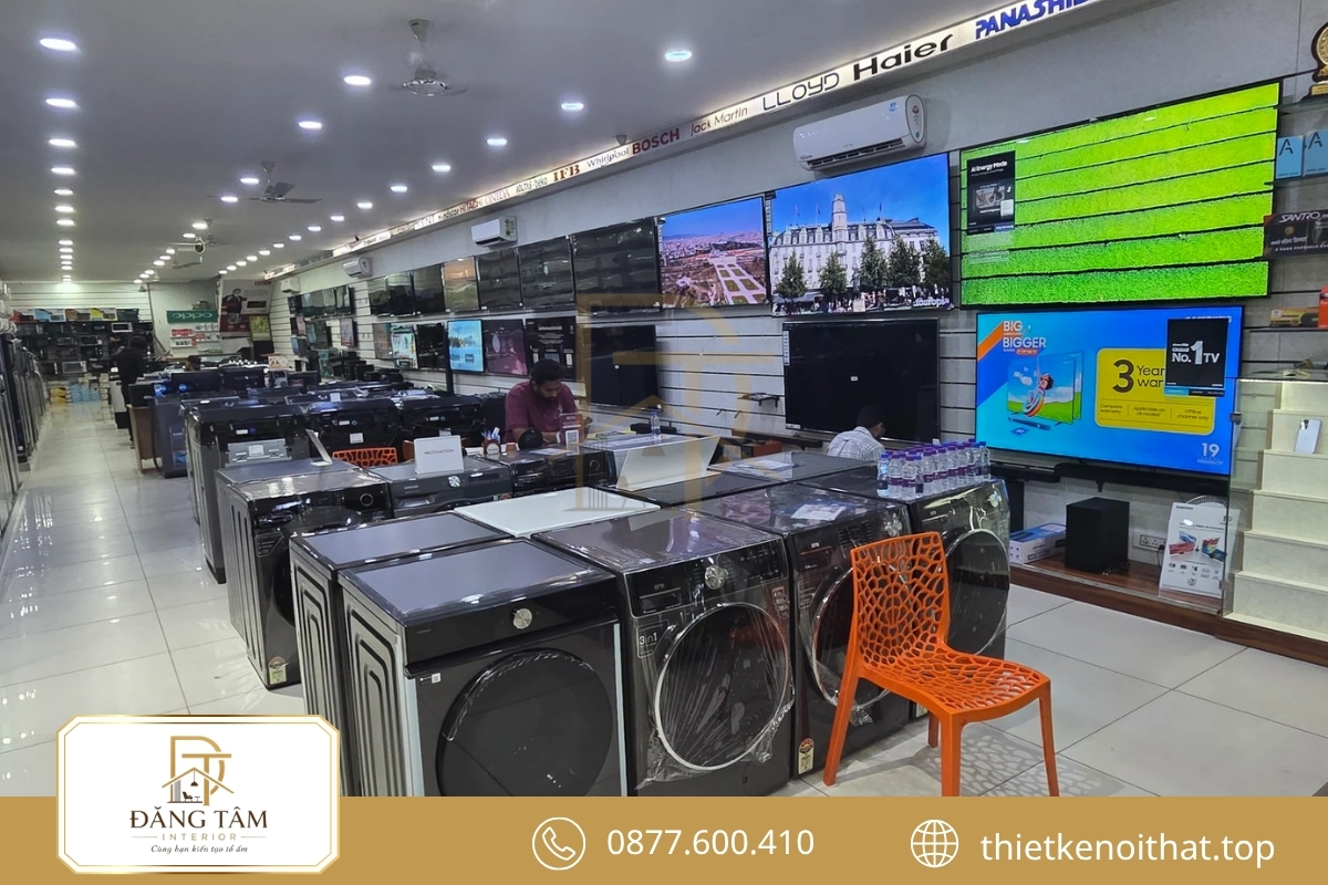 Khu giặt sấy trong thiết kế showroom điện máy gọn gàng, dễ theo dõi