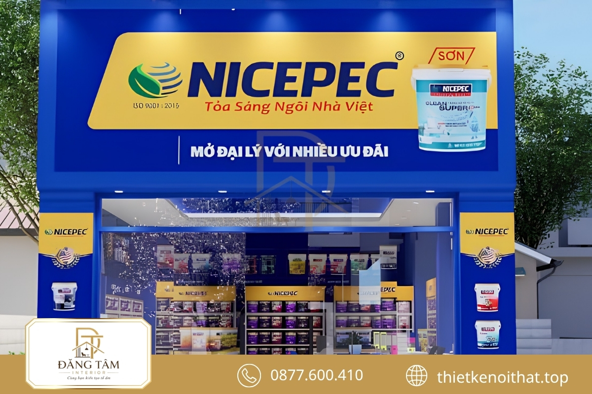 Mặt tiền thiết kế shop sơn nổi bật nhờ màu sắc nhận diện thương hiệu