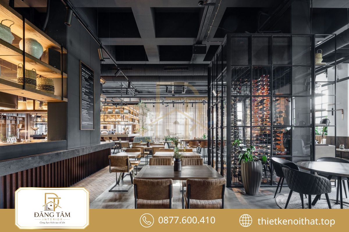 Nhà hàng Industrial kết hợp ánh sáng ấm cùng vật liệu công nghiệp giàu chiều sâu