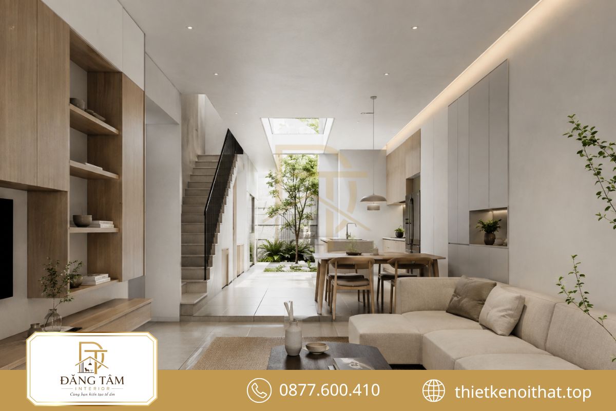 Bố cục hợp lý giúp phong cách nội thất tối giản mở rộng cảm giác cho nhà ống