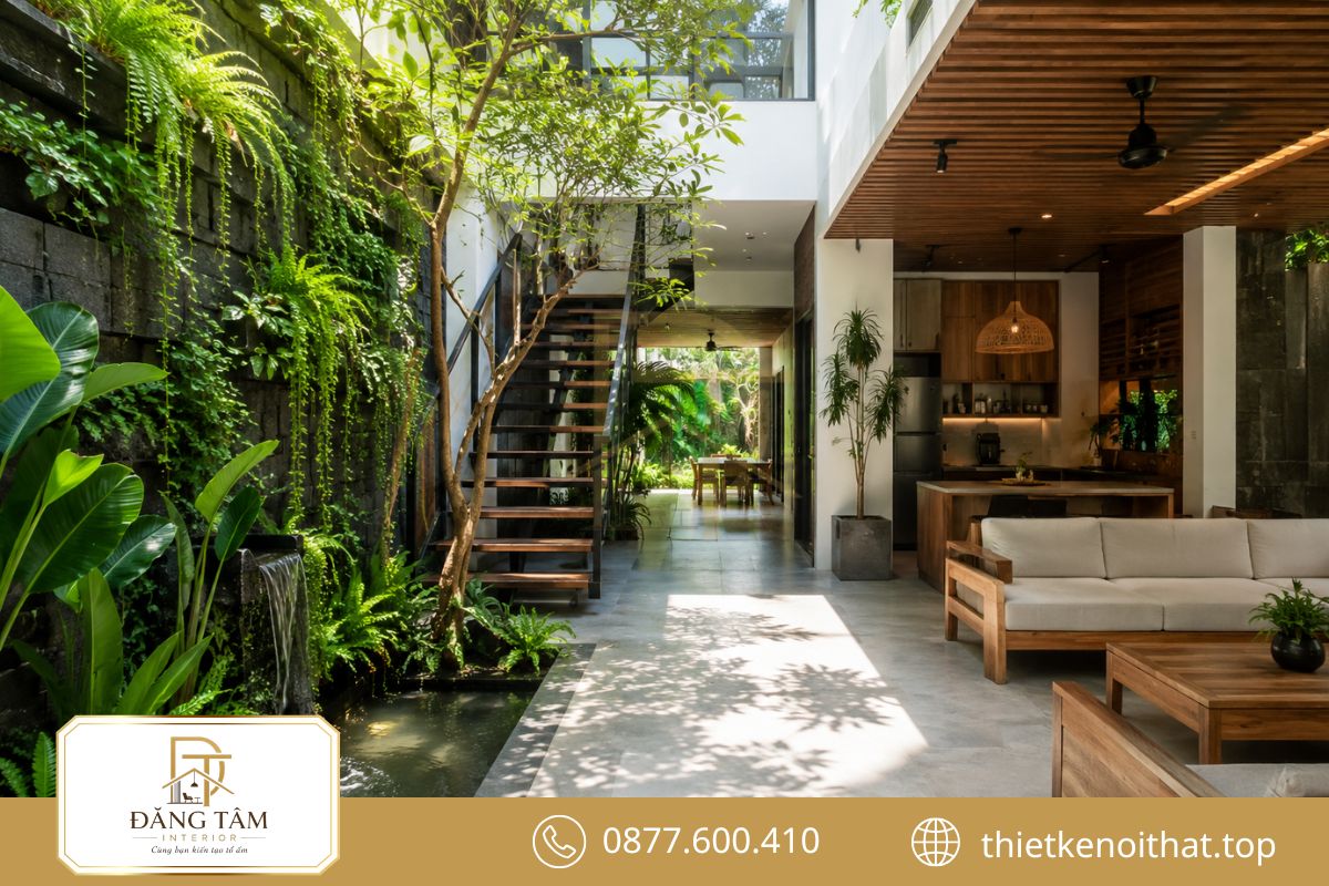 Nhà phố Tropical đưa cây xanh vào giếng trời và khoảng thông tầng