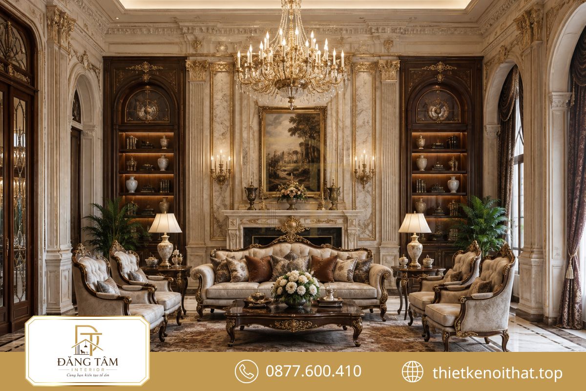 Nội thất cổ điển thể hiện vẻ bề thế qua đối xứng và chi tiết trang trí