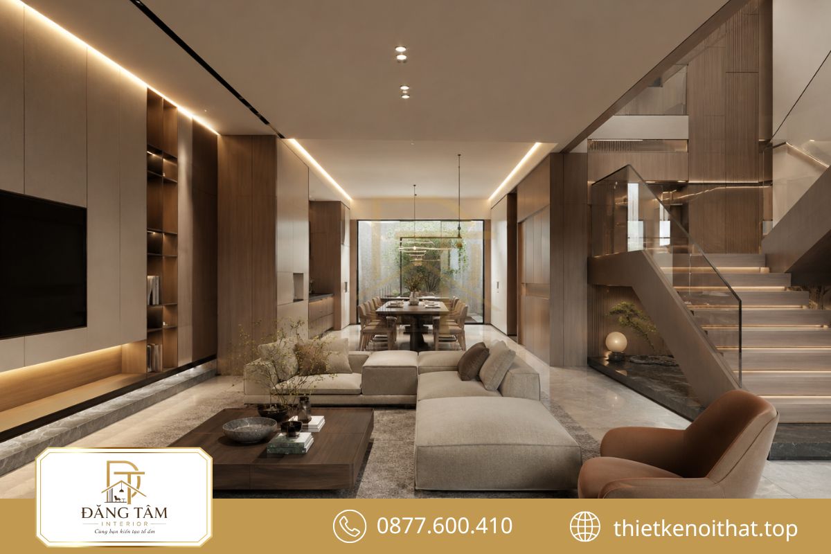 Nội thất biệt thự hiện đại nổi bật với hình khối gọn và vật liệu tinh tế