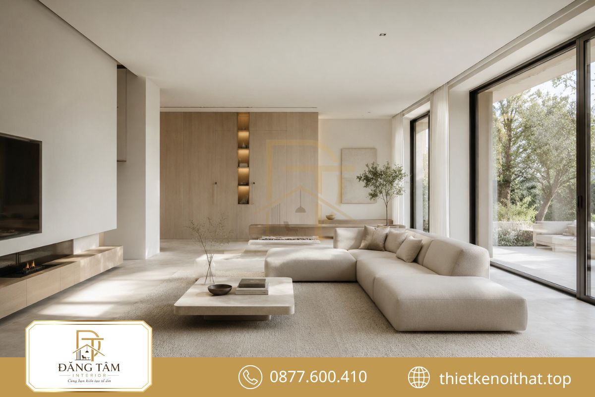 Khoảng thở rộng giúp biệt thự tối giản giữ vẻ nhẹ nhàng nhưng vẫn sang trọng