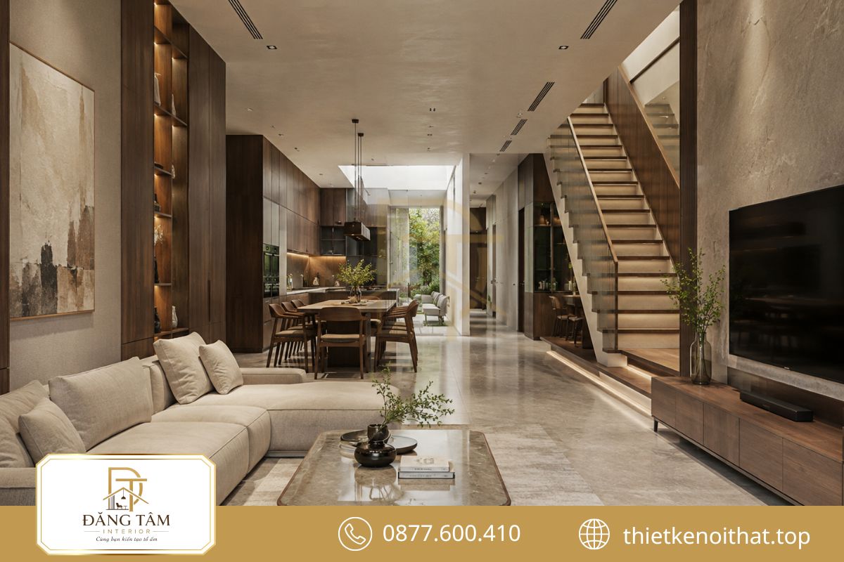 Không gian biệt thự phố khai thác chiều sâu để tạo cảm giác thoáng và liền mạch