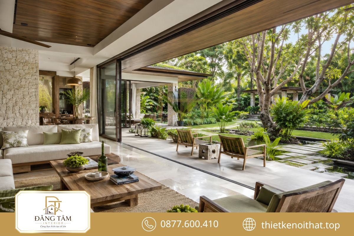 Tầm nhìn sân vườn giúp không gian nội thất biệt thự gần gũi thiên nhiên hơn