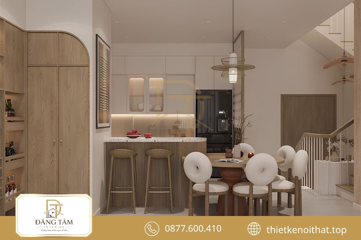 Không gian Wabi Sabi nổi bật với vật liệu thô mộc tự nhiên 