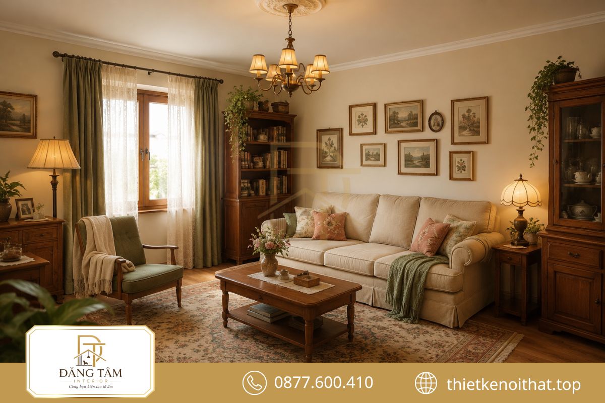 Chất liệu gỗ và màu sắc hoài niệm tạo nên phòng khách Vintage ấm áp