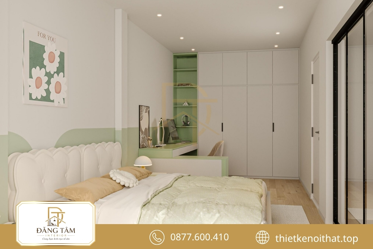 Thiết kế phòng ngủ 16m2 cho bé gái kết hợp học tập và lưu trữ 